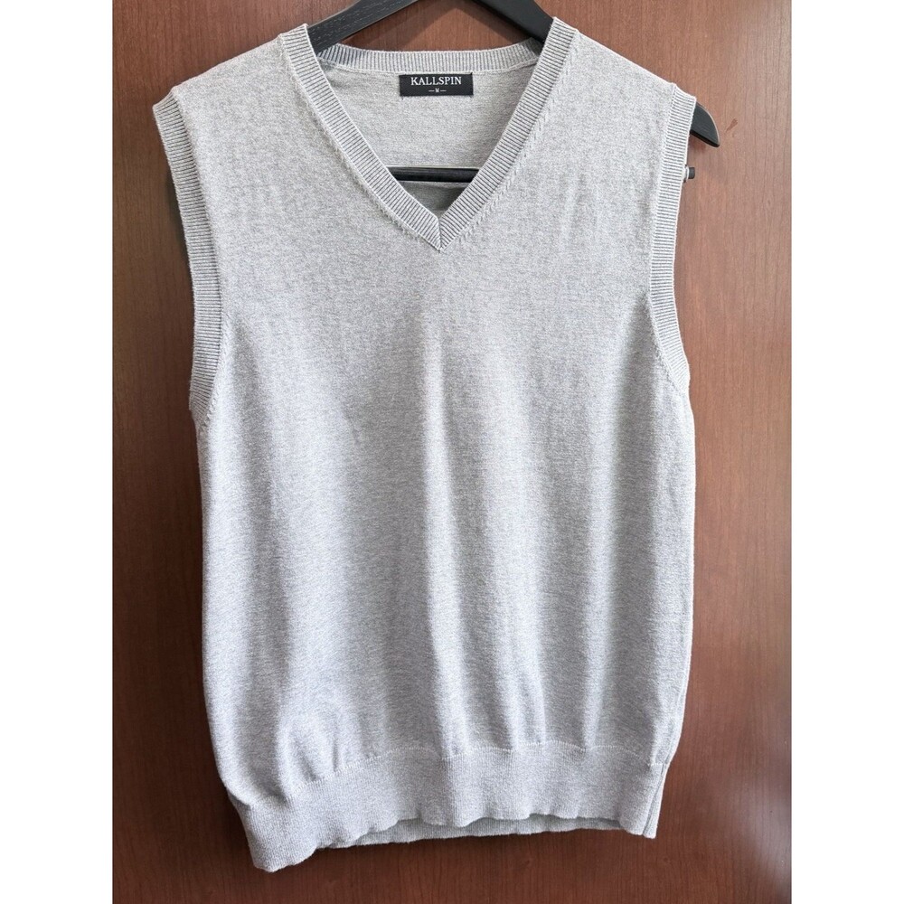 Kallspin Men’s Gray Sweater Vest V Neck Lightweight Knit Pullover Preppy Golf M